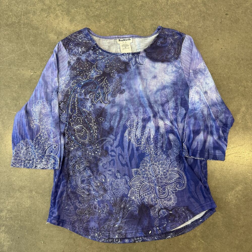 Vintage Y2K Embellished Rhinestone Mcbling Floral Tie Dye Purple Longsleeve S